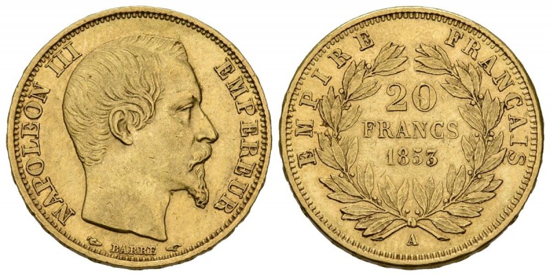 FRANCIA. 20 Francos. (Au. 6,44g/21mm). 1853 A. (Km#781.1). EBC-.