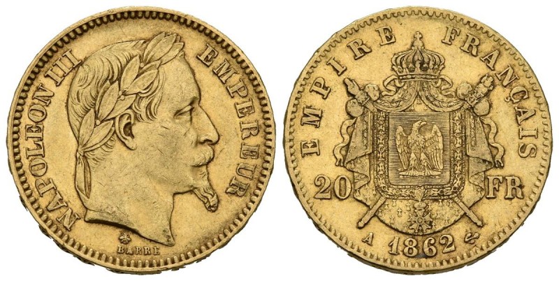 FRANCIA. 20 Francos. (Au. 6,44g/21mm). 1862 A. (Km#801.1). MBC+.