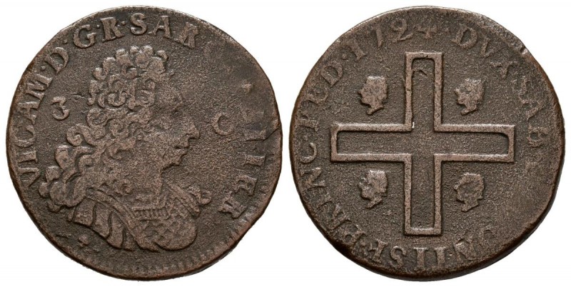 ITALIA. 3 Cagliaresi. (Cu. 5,94g/24mm). 1724. Cerdeña. (Km#5). MBC-. Rara.