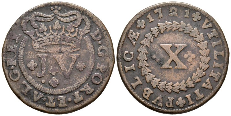 PORTUGAL. 10 Reis. (Ae. 14.37g/36mm). 1721. Reinado de Joao V. (Gomes 32.03. Flo...