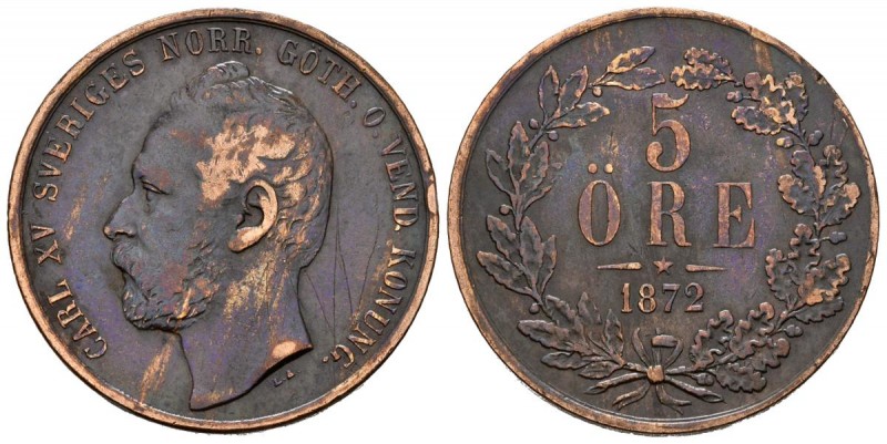 SUECIA. 5 Ore. (Ae. 8,72g/29mm). 1872. (Km#707). MBC.