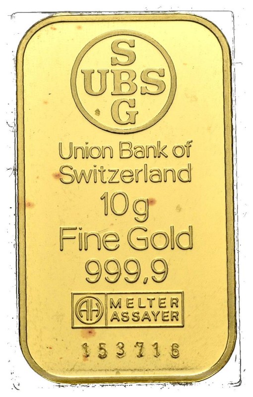 SUIZA. Lingote de 10 gramos de oro con certificado del Union Bank de Suiza. PROO...