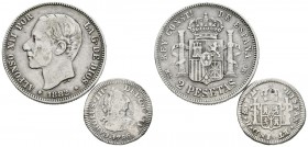 MONARQUIA ESPAÑOLA. Conjunto de 2 monedas españolas de plata de Carlos III y Alfonso XII. Diferentes valores y estados de conservación. A EXAMINAR.