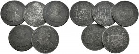 CARLOS IV. Lote compuesto por 5 monedas de 8 Reales: México 1797 FM, 1805 TH, 1807 TH; Guatemala 1806 M y Lima 1804 JP. Pátinas oscuras. Ar. BC+/MBC. ...