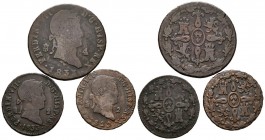 MONARQUIA ESPAÑOLA. Conjunto de 3 monedas de cobre de Fernando VII. Valores de 2 y 4 maravedís. Ceca de Segovia. Dos de ellas de 1833, último año de s...