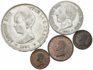 CENTENARIO DE LA PESETA. Lote compuesto por 5 monedas perteneciente a los reyes Alfonso XII y Alfonso XIII. MBC/EBC-. A EXAMINAR.