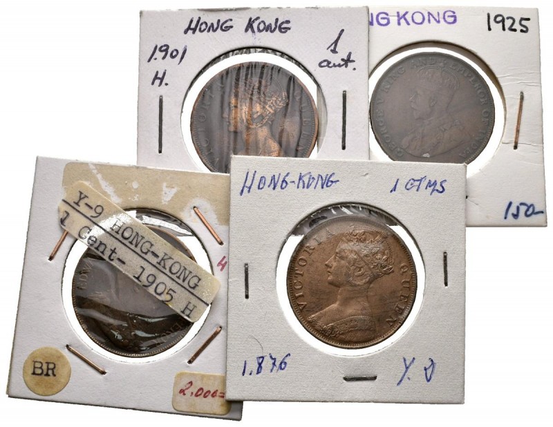 HONG KONG. Lote de 4 piezas de cobre de 1 Cent de tres monarcas diferentes: Rein...