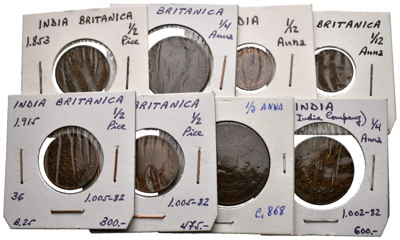 INDIA BRITÁNICA. Lote de 8 monedas de la India Británica. Valores de 1/2, 1/4 y ...