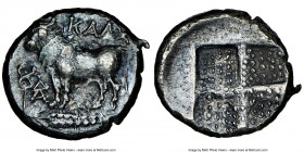 BITHYNIA. Calchedon. Ca. 367/6-340 BC. AR drachm (16mm). NGC Choice XF. KAΛX, bull standing left on grain ear pointed right; caduceus and ΔΑ monogram ...