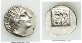 CARIAN ISLANDS. Rhodes. Ca. 88-84 BC. AR drachm (15mm, 2.31 gm, 12h). XF. Plinthophoric standard, Eragoras, magistrate. Radiate head of Helios right /...