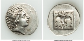 CARIAN ISLANDS. Rhodes. Ca. 88-84 BC. AR drachm (17mm, 2.14 gm, 12h). XF. Plinthophoric standard, Euphanes, magistrate. Radiate head of Helios right /...