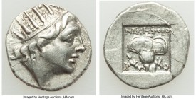 CARIAN ISLANDS. Rhodes. Ca. 88-84 BC. AR drachm (15mm, 2.19 gm, 1h). XF. Plinthophoric standard, Nicephor(us), magistrate. Radiate head of Helios righ...