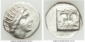 CARIAN ISLANDS. Rhodes. Ca. 88-84 BC. AR drachm (15mm, 2.37 gm, 12h). VF. Plinthophoric standard, Philon, magistrate. Radiate head of Helios right / Φ...