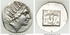 CARIAN ISLANDS. Rhodes. Ca. 88-84 BC. AR drachm (17mm, 2.52 gm, 10h). Choice XF. Plinthophoric standard, Maes, magistrate. Radiate head of Helios righ...