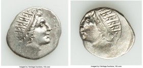 CARIAN ISLANDS. Rhodes. Ca. 88-84 BC. AR drachm (16mm, 2.58 gm, 12h). AU, brockage. Plinthophoric standard. Radiate head of Helios right / Incuse of o...