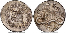 PHRYGIA. Apameia. Ca. 166-133 BC. AR cistophorus (29mm, 12h). NGC Choice XF. Ca. 150-140 BC. Serpent emerging from cista mystica; all within ivy wreat...