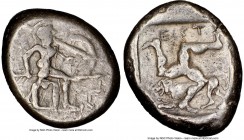 PAMPHYLIA. Aspendus. Ca. mid-5th century BC. AR stater (21mm, 9h). NGC VF. Helmeted nude hoplite warrior advancing right, shield in left hand, spear f...