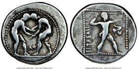 PAMPHYLIA. Aspendus. Ca. 380-325 BC. AR stater (23mm, 1h). NGC Fine. Two wrestlers grappling; ΑΦ between / EΣTFEΔIIYΣ, slinger striding to right, pull...