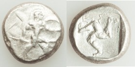 PAMPHYLIA. Aspendus. Ca. mid-5th century BC. AR stater (20mm, 10.87 gm, 5h). VF. Helmeted nude hoplite warrior advancing right, shield in left hand, s...