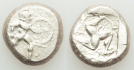 PAMPHYLIA. Aspendus. Ca. mid-5th century BC. AR stater (20mm, 11.01 gm). VF, die shift. Helmeted nude hoplite advancing right, shield in left hand, sp...