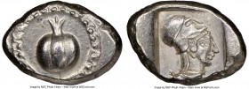 PAMPHYLIA. Side. Ca. 5th century BC. AR stater (23mm, 5h). NGC AU. Ca. 430-400 BC. Pomegranate; guilloche beaded border / Head of Athena right, wearin...