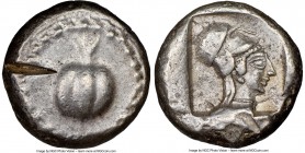 PAMPHYLIA. Side. Ca. 5th century BC. AR stater (23mm, 11.04 gm, 9h). NGC Choice XF 5/5 - 2/5, test cut. Ca. 430-400 BC. Pomegranate; guilloche beaded ...