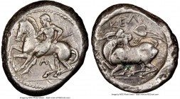 CILICIA. Celenderis. Ca. 425-350 BC. AR stater (21mm, 7h). NGC Choice VF. Persic standard, ca. 425-400 BC. Youthful nude male rider, reins in right ha...