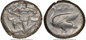 CILICIA. Mallus. Ca. 440-385 BC. AR stater (21mm, 6h). NGC XF. Bearded male, winged, in kneeling/running stance left, holding solar disk with both han...