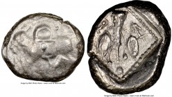 CYPRUS. Uncertain mint. Ca. early 5th century BC. AR stater (21mm, 9h). NGC XF. Ram walking left; ankh superimposed above, RA (Cypriot) below / Laurel...