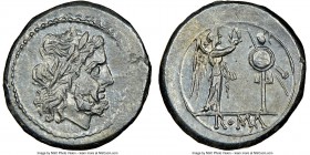 Anonymous. Ca. 211-208 BC. AR victoriatus (18mm, 3.33 gm, 10h). NGC MS 4/5 - 4/5. Rome. Laureate head of Jupiter right, dotted border / ROMA, Victory ...