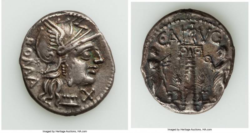 C. Augurinus (135 BC). AR denarius (21mm, 3.80 gm, 6h). Choice XF. ROMA, helmete...