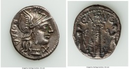 C. Augurinus (135 BC). AR denarius (21mm, 3.80 gm, 6h). Choice XF. ROMA, helmeted head of Roma right; X (mark of value), under chin / C• A-VG, ionic c...