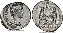 Augustus (27 BC-AD 14). AR denarius (20mm, 11h). NGC Choice VF. Lugdunum, 2 BC-AD 4. CAESAR AVGVSTVS-DIVI F PATER PATRIAE, laureate head of Augustus r...