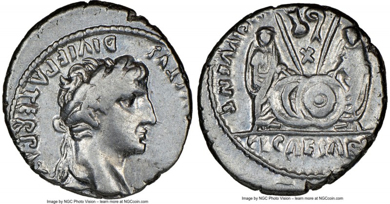 Augustus (27 BC-AD 14). AR denarius (17mm, 6h). NGC VF. Lugdunum, 2 BC-AD 4. CAE...