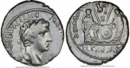 Augustus (27 BC-AD 14). AR denarius (17mm, 6h). NGC VF. Lugdunum, 2 BC-AD 4. CAESAR AVGVSTVS-DIVI F PATER PATRIAE, laureate head of Augustus right / A...