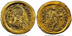 Justinian I the Great (AD 527-565). AV solidus (20mm, 4.43 gm, 6h). NGC MS 5/5 - 3/5, graffito, clipped. Constantinople, 6th officina. D N IVSTINI-ANV...