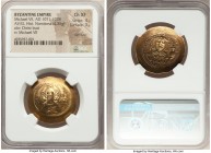 Michael VII Ducas (AD 1071-1078). AV/EL histamenon nomisma scyphate (28mm, 4.35 gm, 6h). NGC Choice XF 4/5 - 3/5, flan flaw. Constantinople. Bust of C...