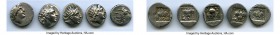 ANCIENT LOTS. Greek. Carian Islands. Rhodes. Ca. 88-84 BC. Lot of five (5) AR drachms. VF. Includes: (5) Plinthophoric standard, AR drachms. Various m...