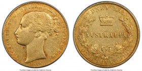 Victoria gold Sovereign 1855-SYDNEY AU50 PCGS, Sydney mint, KM2. First year and key date of two year type and Australian Sovereign series. 

HID0980...