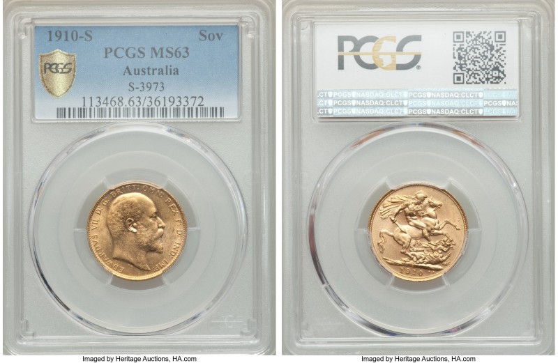 Edward VII gold Sovereign 1910-S MS63 PCGS, Sydney mint, KM15. Last year of type...