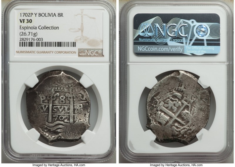 Philip V Cob 8 Reales 1702 P-Y VF30 NGC, Potosi mint, KM31. 39.3mm. 26.71gm. Ex....