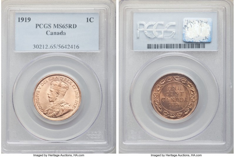 George V Cent 1919 MS65 Red PCGS, Ottawa mint, KM21. Golden-rose colored red. 
...