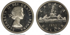 Elizabeth II Prooflike "Shoulder Fold" Dollar 1953 PL64 PCGS, Royal Canadian mint, KM54. Shoulder Fold/Strap variety. A radiant example revealing no l...