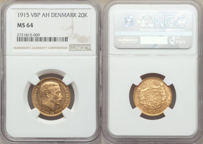 Christian X gold 20 Kroner 1915 (h)-VBP MS64 NGC, Copenhagen mint, KM817.1. Lowe...