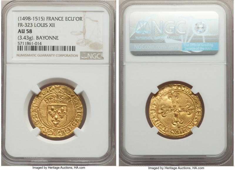 Louis XII gold Ecu d'Or au Soleil ND (1498-1515) AU58 NGC, Bayonne mint, Anchor ...