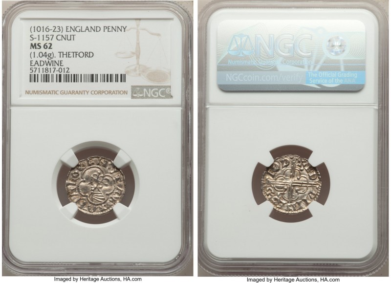 Kings of All England. Cnut (1016-1035) Penny ND (1016-1023) MS62 NGC, Thetford m...