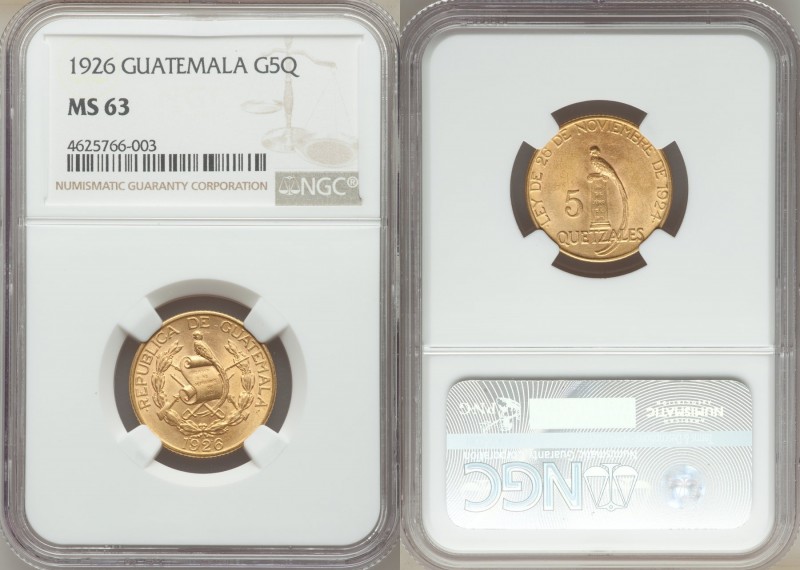 Republic gold 5 Quetzales 1926-(p) MS63 NGC, Philadelphia mint, KM244, Fr-50. AG...