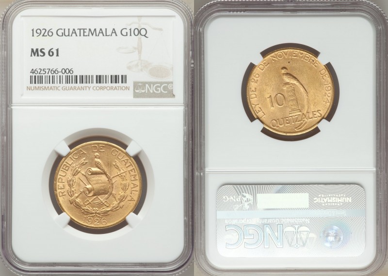 Republic gold 10 Quetzales 1926-(p) MS61 NGC, Philadelphia mint, KM245. One year...