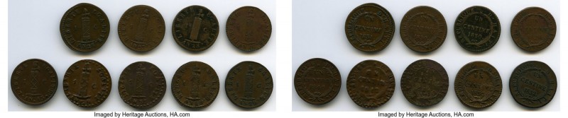 Republic 9-Piece Lot of Uncertified Assorted Centimes, 1) Centime L'An 26 (1829)...