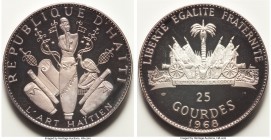 Republic Proof 25 Gourdes 1968-IC, KM67.1. Issued for the 10th Anniversary of Revolution. Comes with plastic case and COA. ASW 3.7771 oz. 

HID09801...
